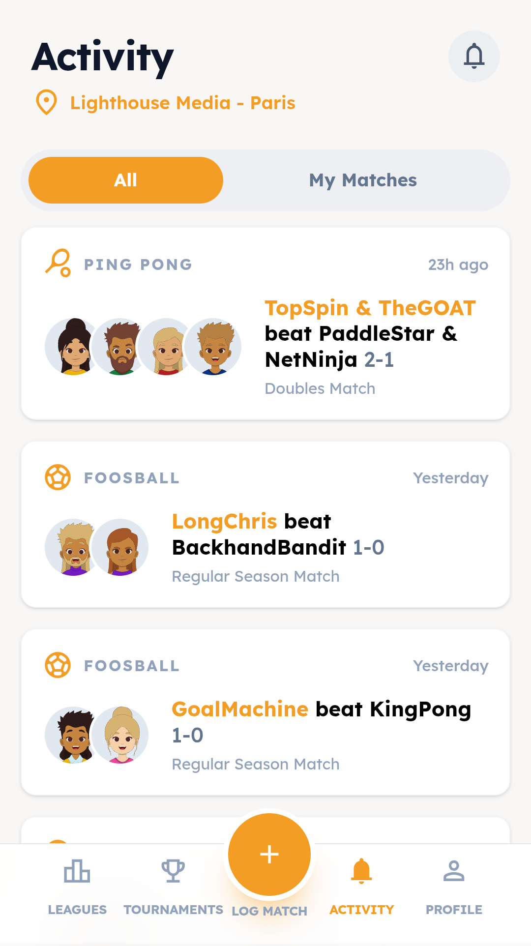 Rankly activity feed showing recent matches