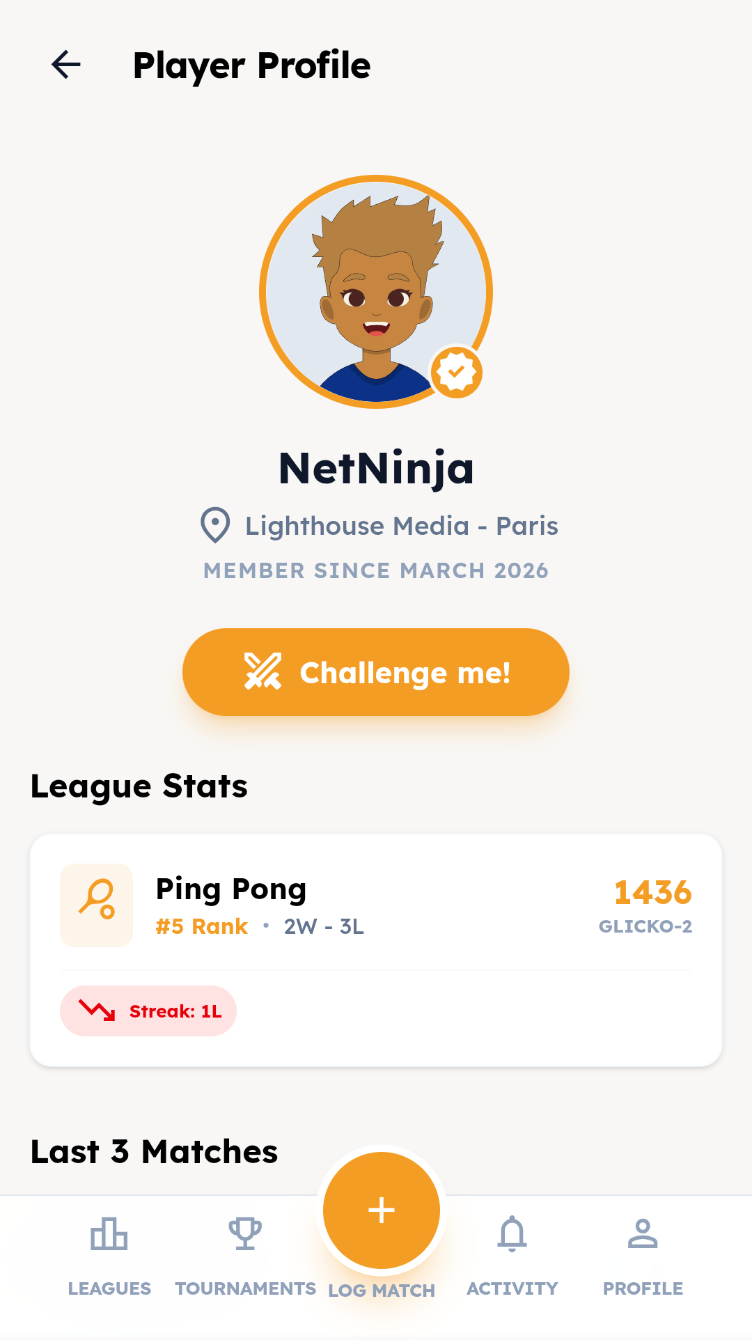 Rankly player profile with stats and match history